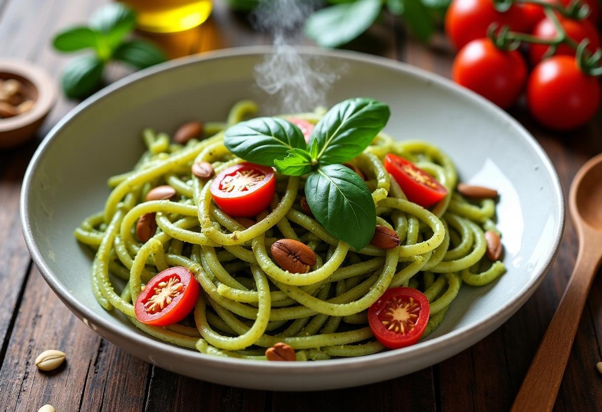 Pumpkin Seed Pesto Pasta with Roasted Cherry Tomatoes