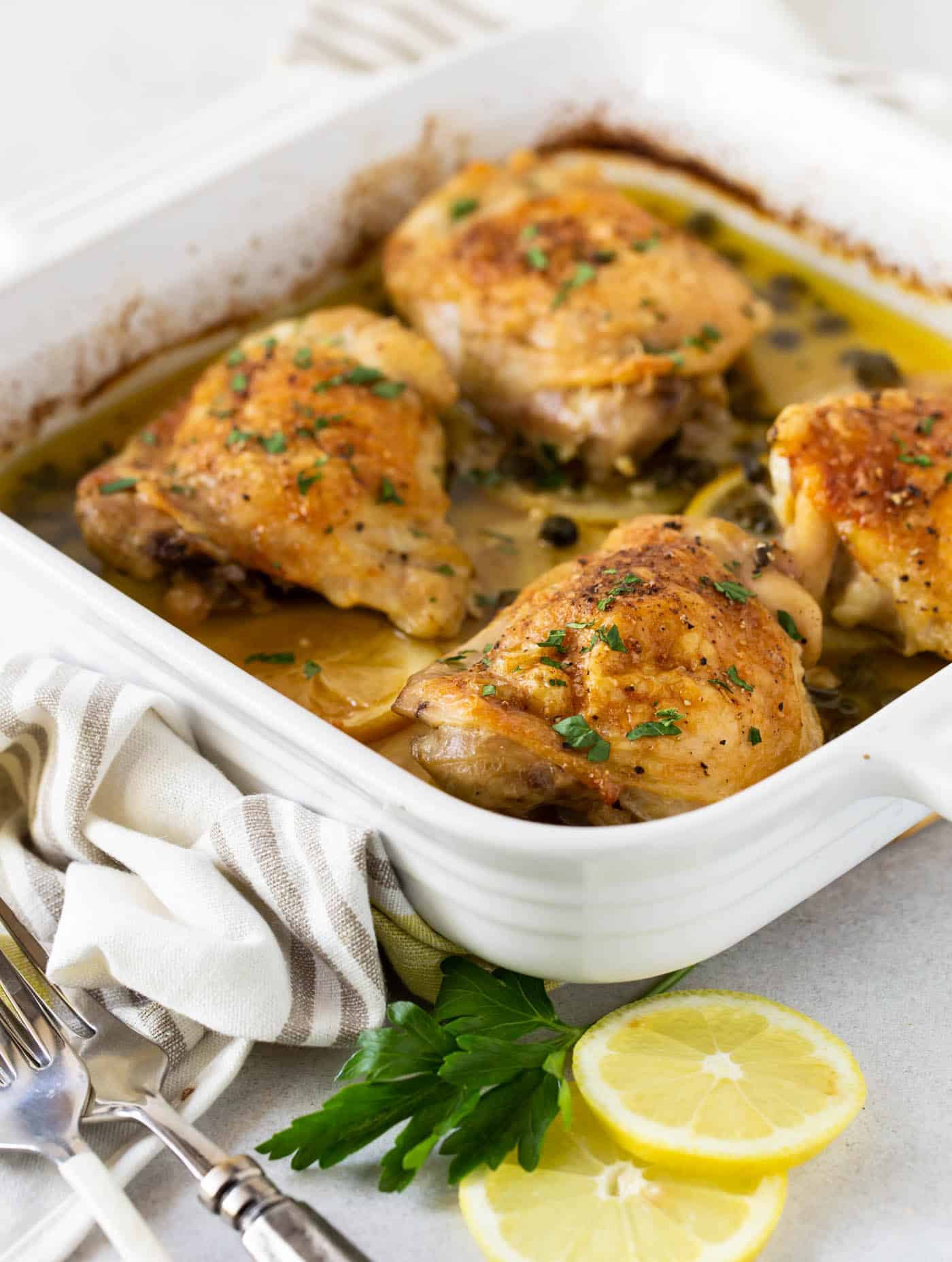 Lemon-Dill Crispy Baked Chicken Thighs with Caper Butter