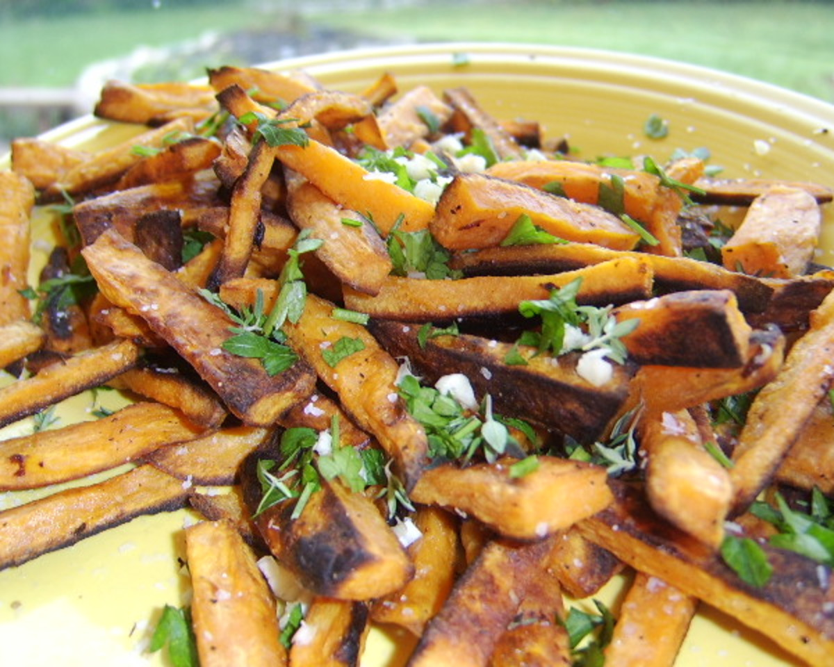 Herb-Crusted Sweet Potato 'Fries' with Cucumber Salad
