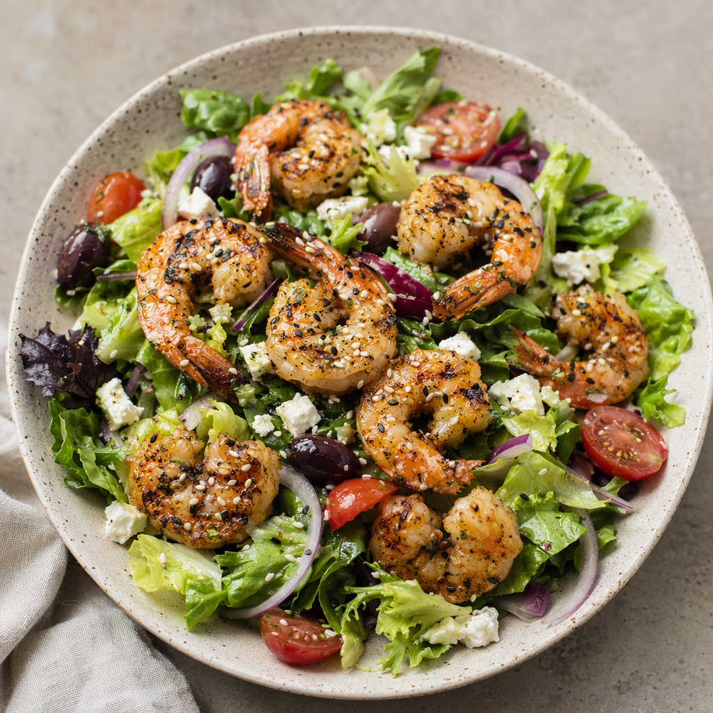 American Grilled Shrimp Salad with Mediterranean Olive Oil and Asian Sesame Seeds