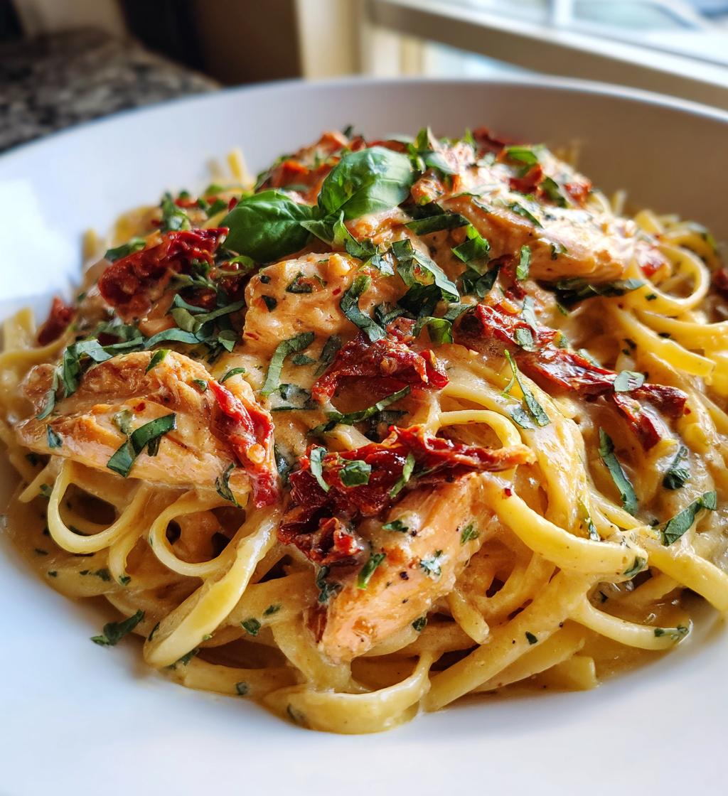 Creamy Sun-Dried Tomato Pasta with Herb Crusted Chicken