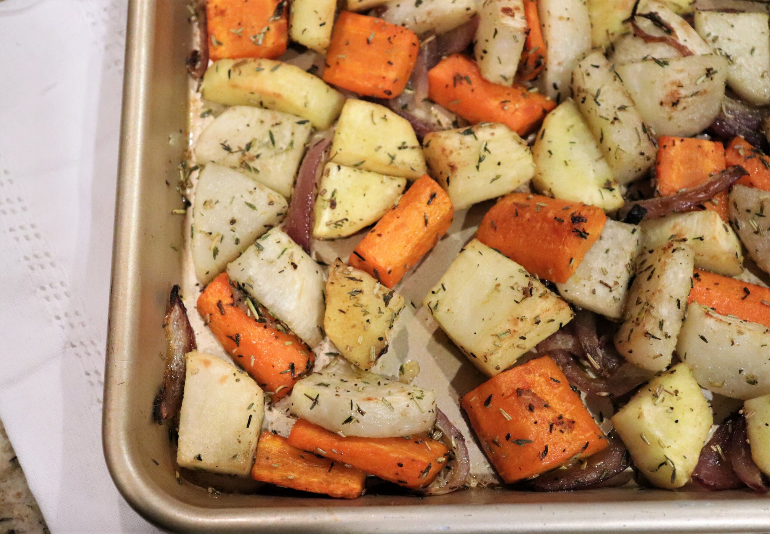 Serious Herb-Crusted Chicken with Root Vegetable Medley