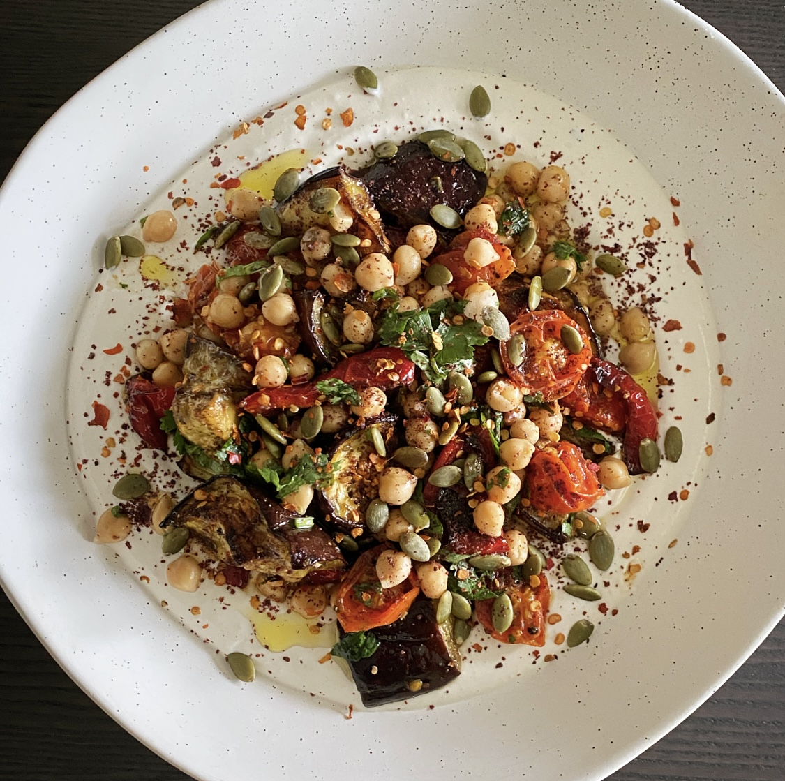 Serious Roasted Eggplant & Chickpea Stew with Tahini Swirl