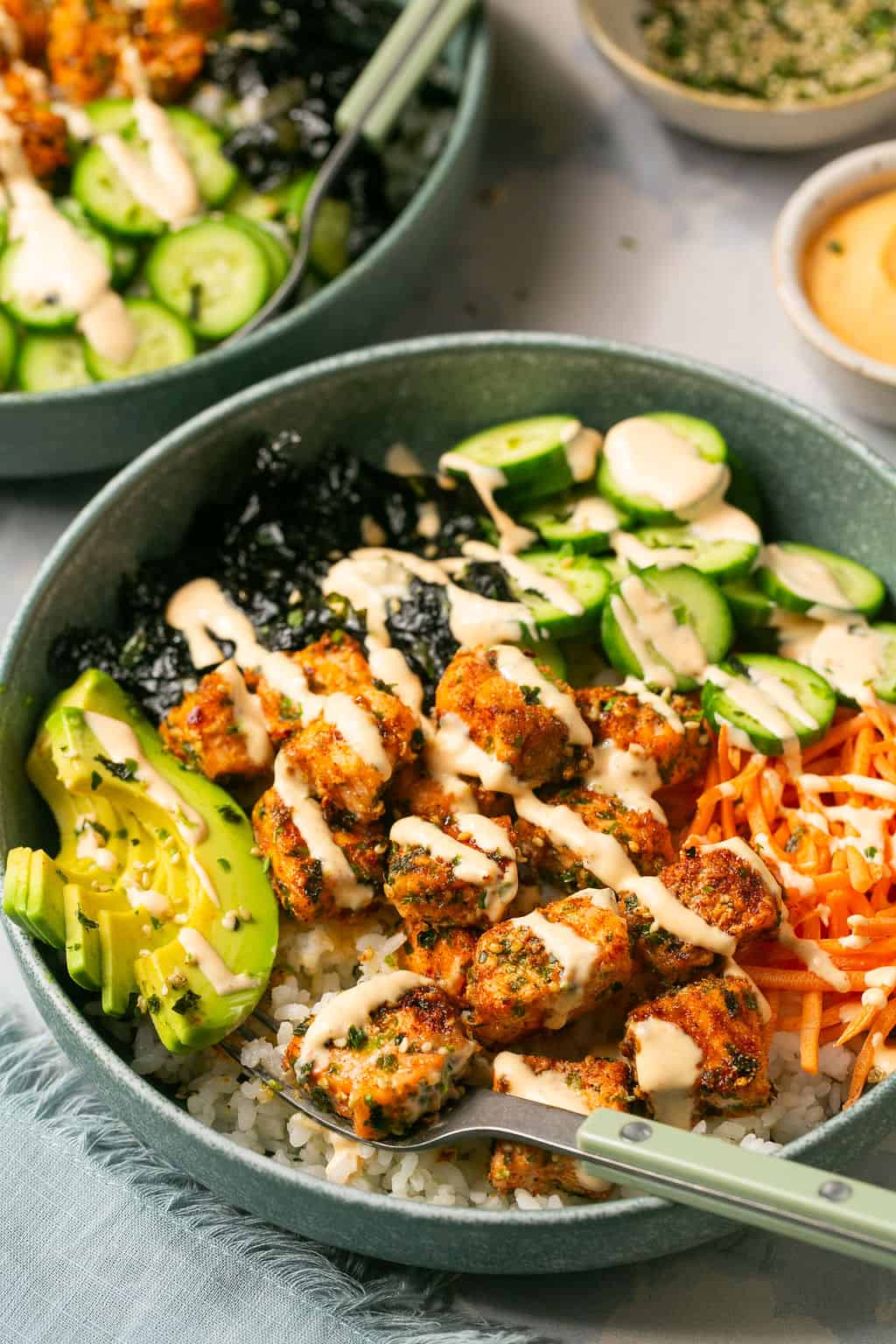 Fresh Sushi Bowl with Crispy Salmon & Cucumber