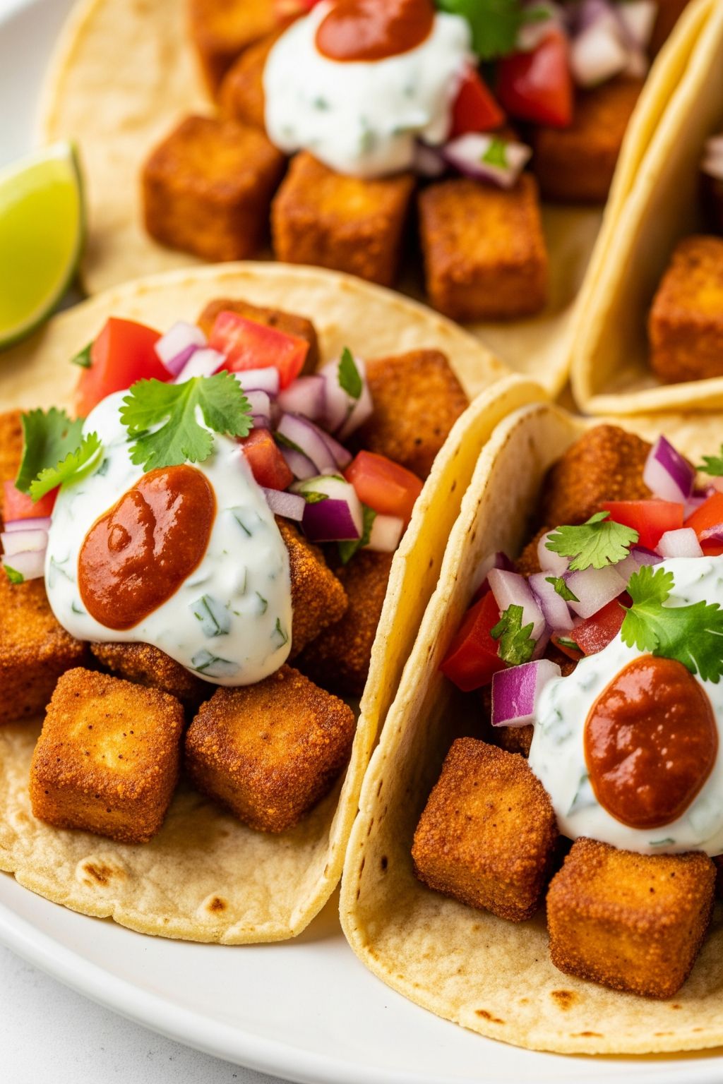 Crispy Spiced Tofu Tacos with Avocado Crema