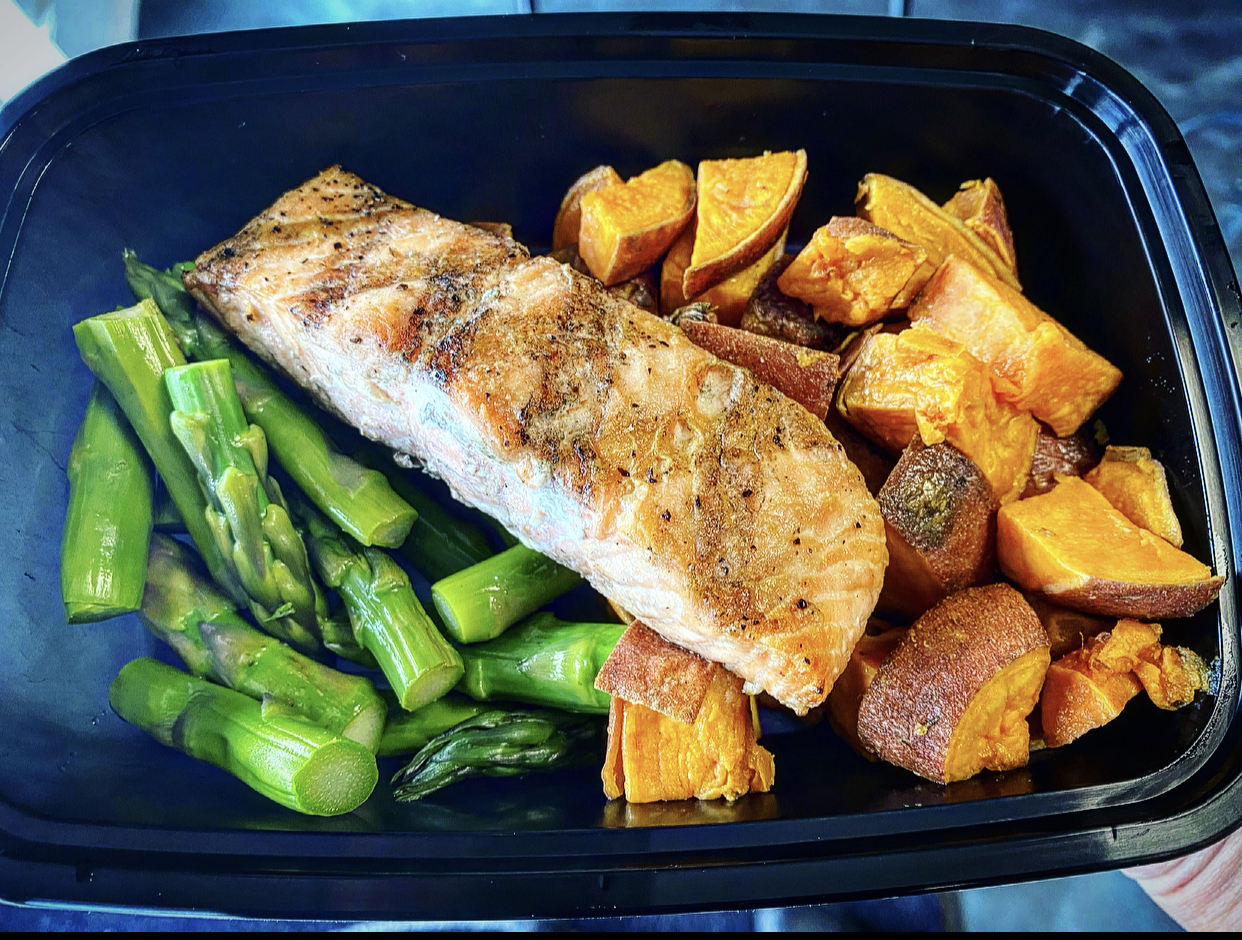 Herb-Crusted Salmon with Roasted Asparagus & Sweet Potato