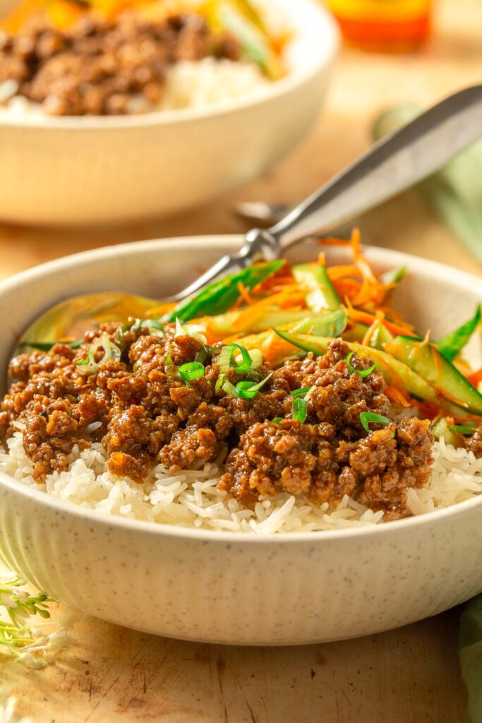 Ginger-Soy Glazed Ground Beef with Crispy Cauliflower Rice