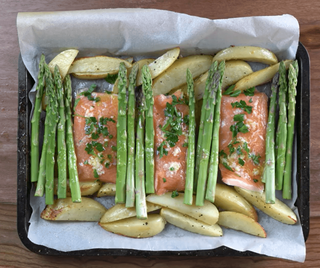 Lemon-Dill Salmon with Roasted Asparagus and Baby Potatoes