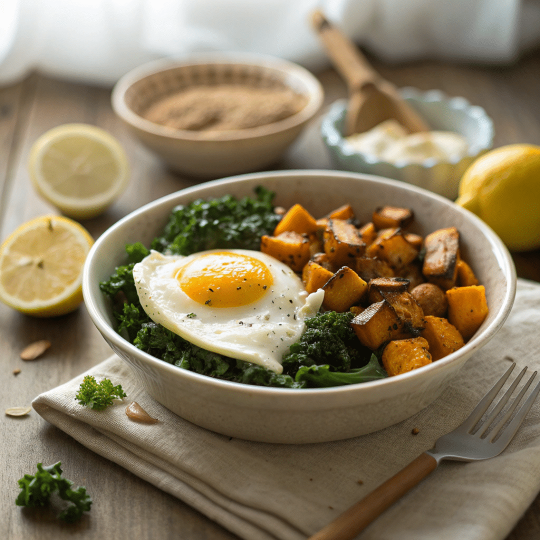 Hard-Boiled Egg Breakfast Bowls with Avocado and Kale