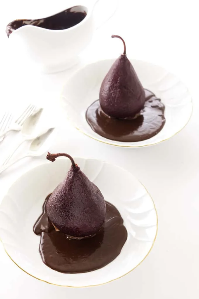 Basin & Marot Wine-Poached Pears with Chocolate Ganache