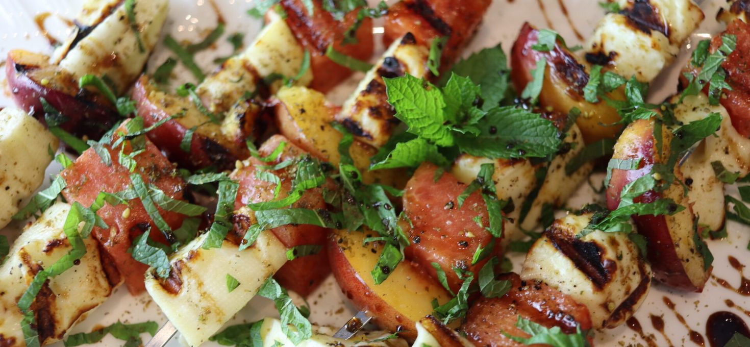 Grilled Peach and Halloumi Skewers with Cucumber Salad