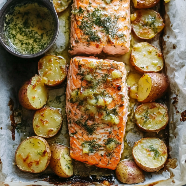 Sheet-Pan Sweet Potato & Salmon with Dill