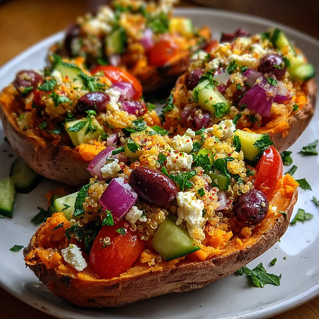 Mediterranean Stuffed Sweet Potatoes with Feta and Cucumber Salad