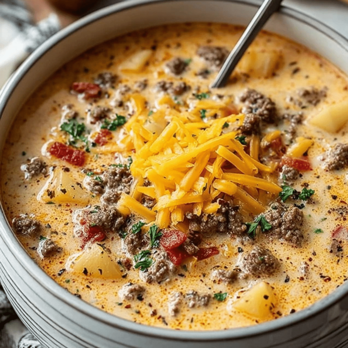 Smoked Paprika Cheeseburger Soup with Cheddar Swirl