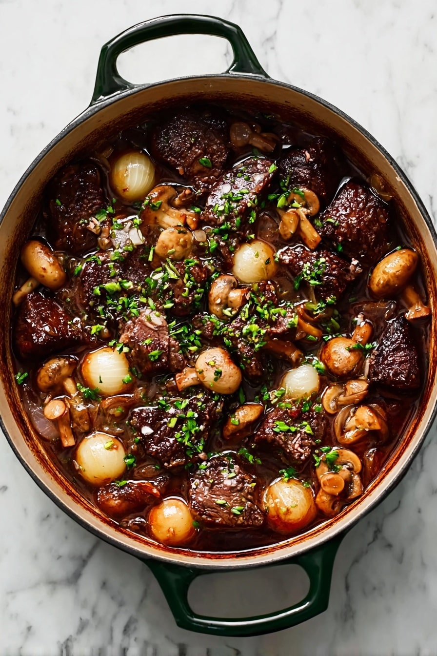 One-Pan Beef Bourguignon with Pearl Onions & Mushrooms