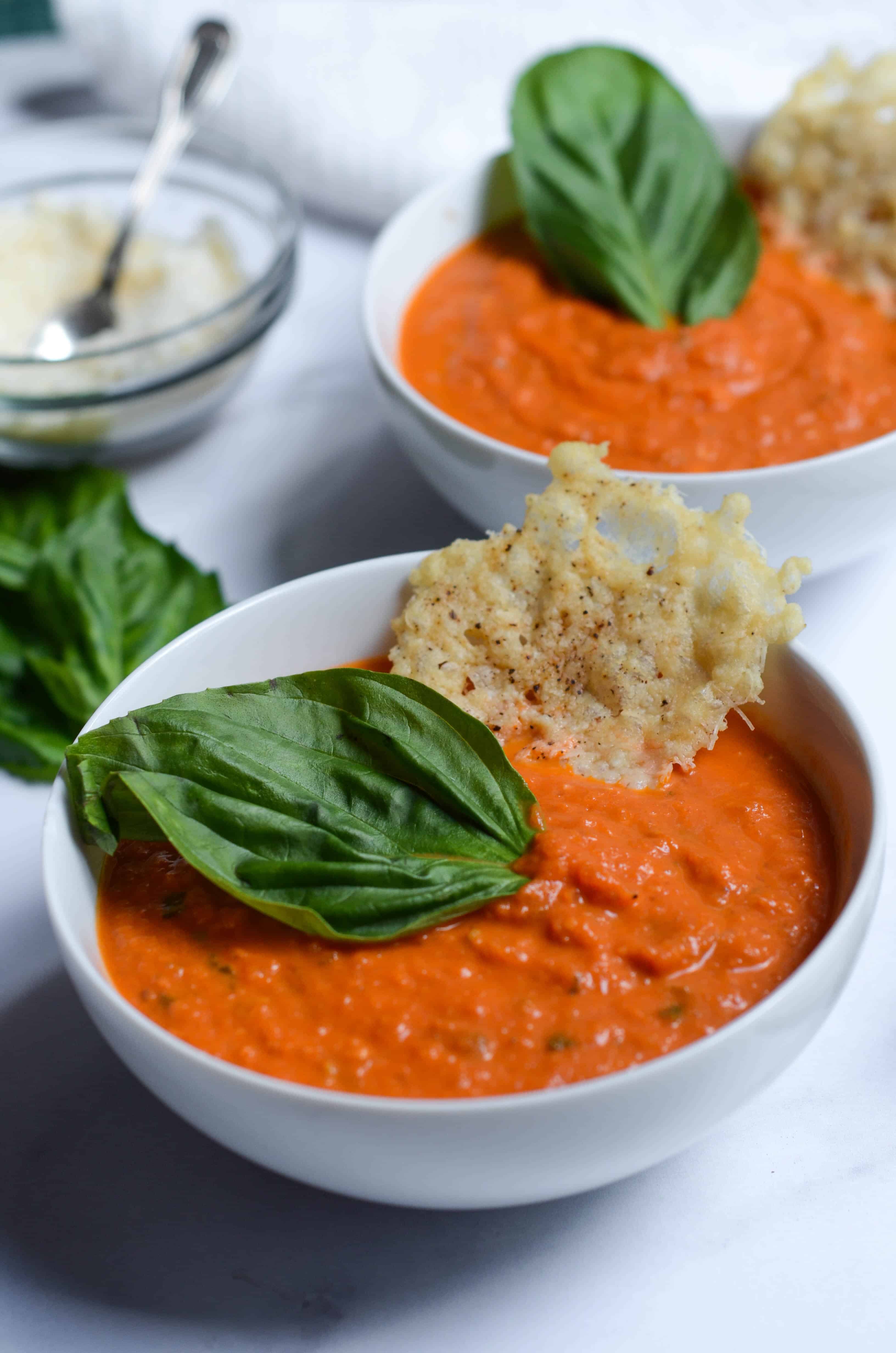 Nurse's Comforting Tomato Basil Soup with Parmesan Crisps