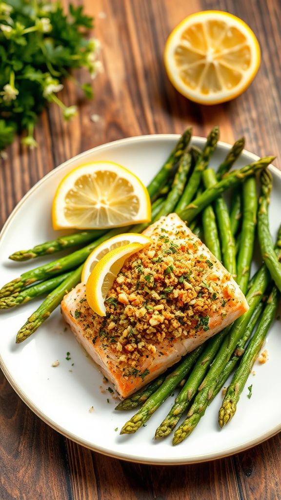 Herb-Crusted Salmon with Lemon-Asparagus Sauté