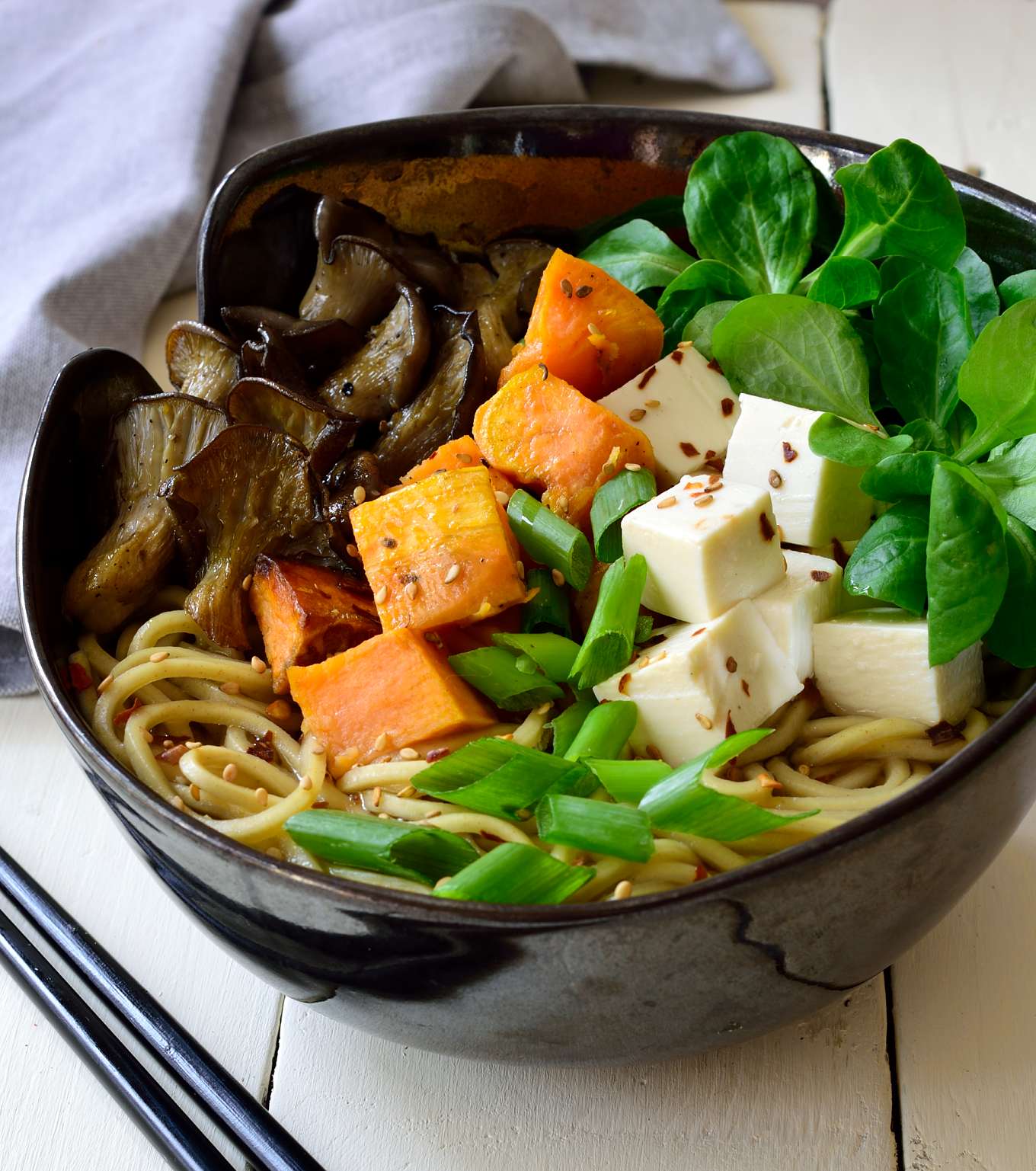 Smoky Mushroom & Sweet Potato Ramen with Charred Green Onion Broth