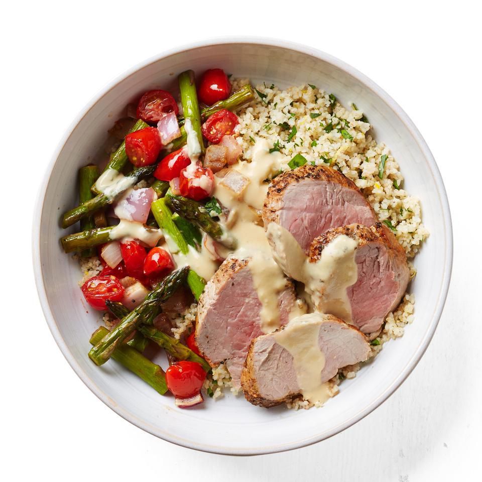 Herb-Crusted Pork Tenderloin with Asparagus & Cherry Tomatoes