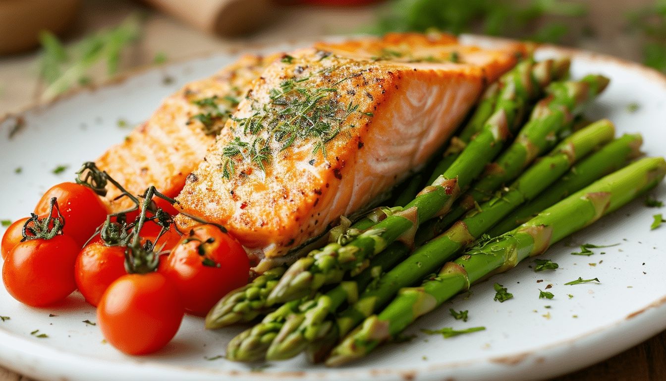 Spicy Coconut Salmon with Asparagus and Cherry Tomatoes