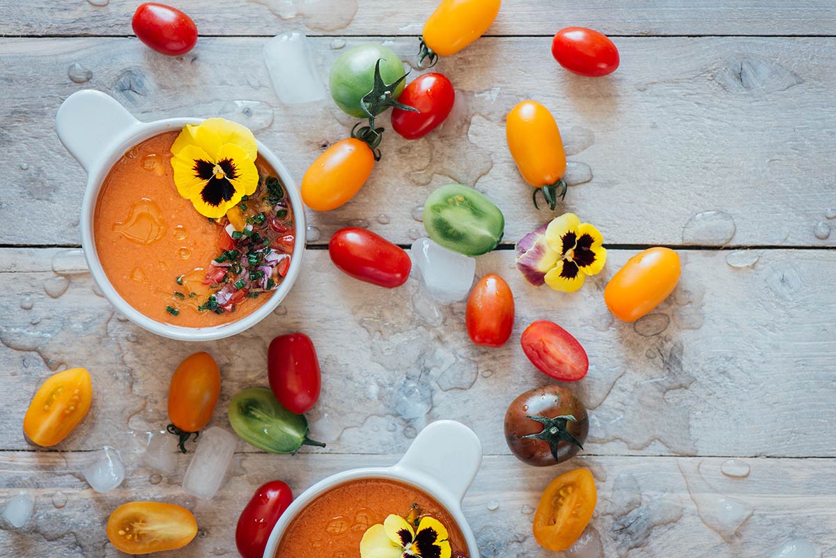 Aurora Borealis Gazpacho with Colorful Vegetable Garnish