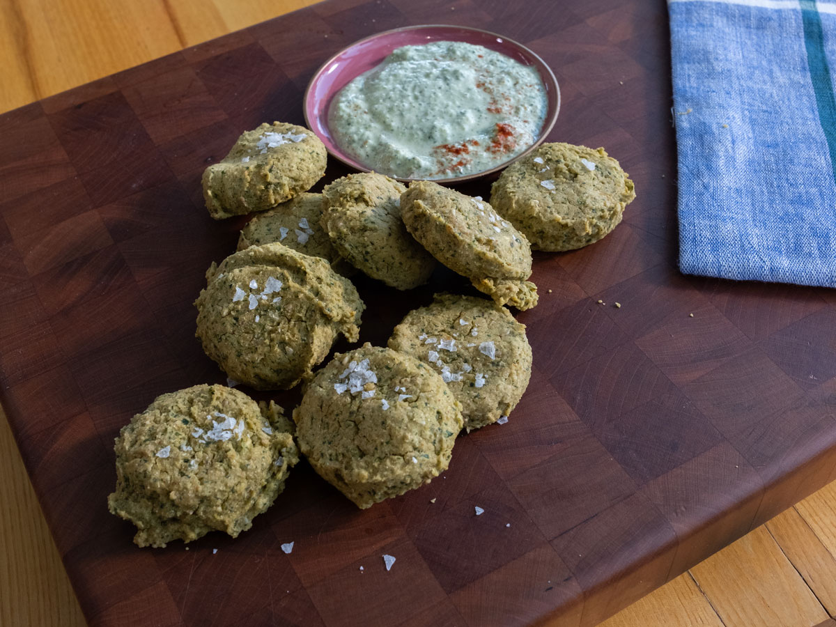 Baked Herb Falafel with Cucumber-Yogurt Sauce