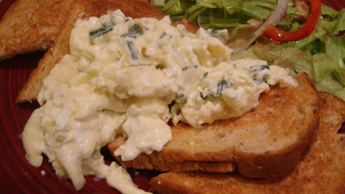 Fluffy Cheesy Scrambled Eggs with Chive Butter