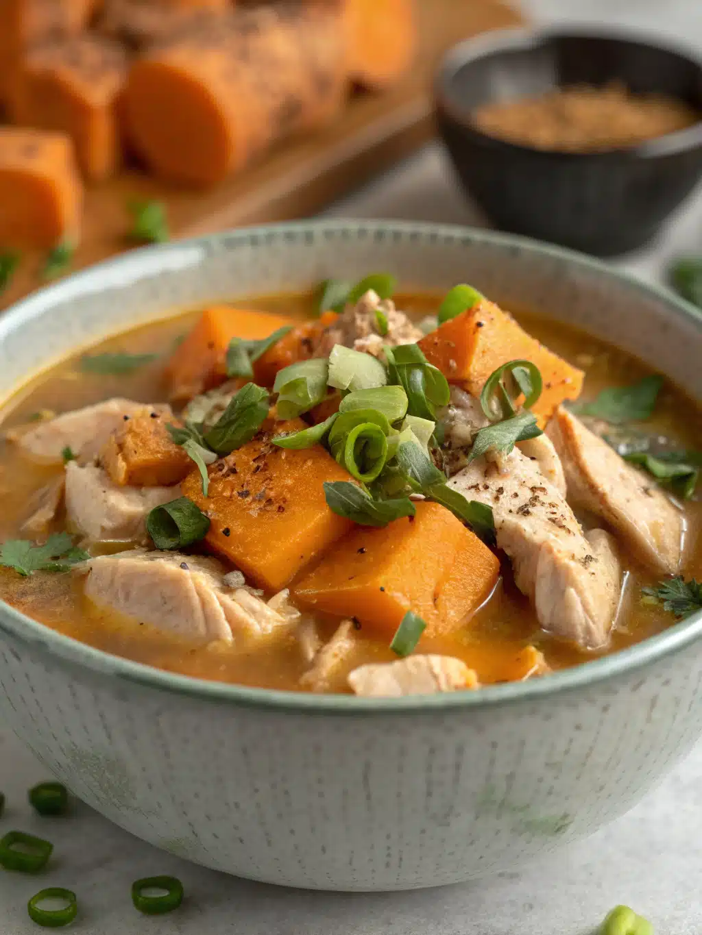 Teriyaki Chicken and Sweet Potato Soup with Gochujang