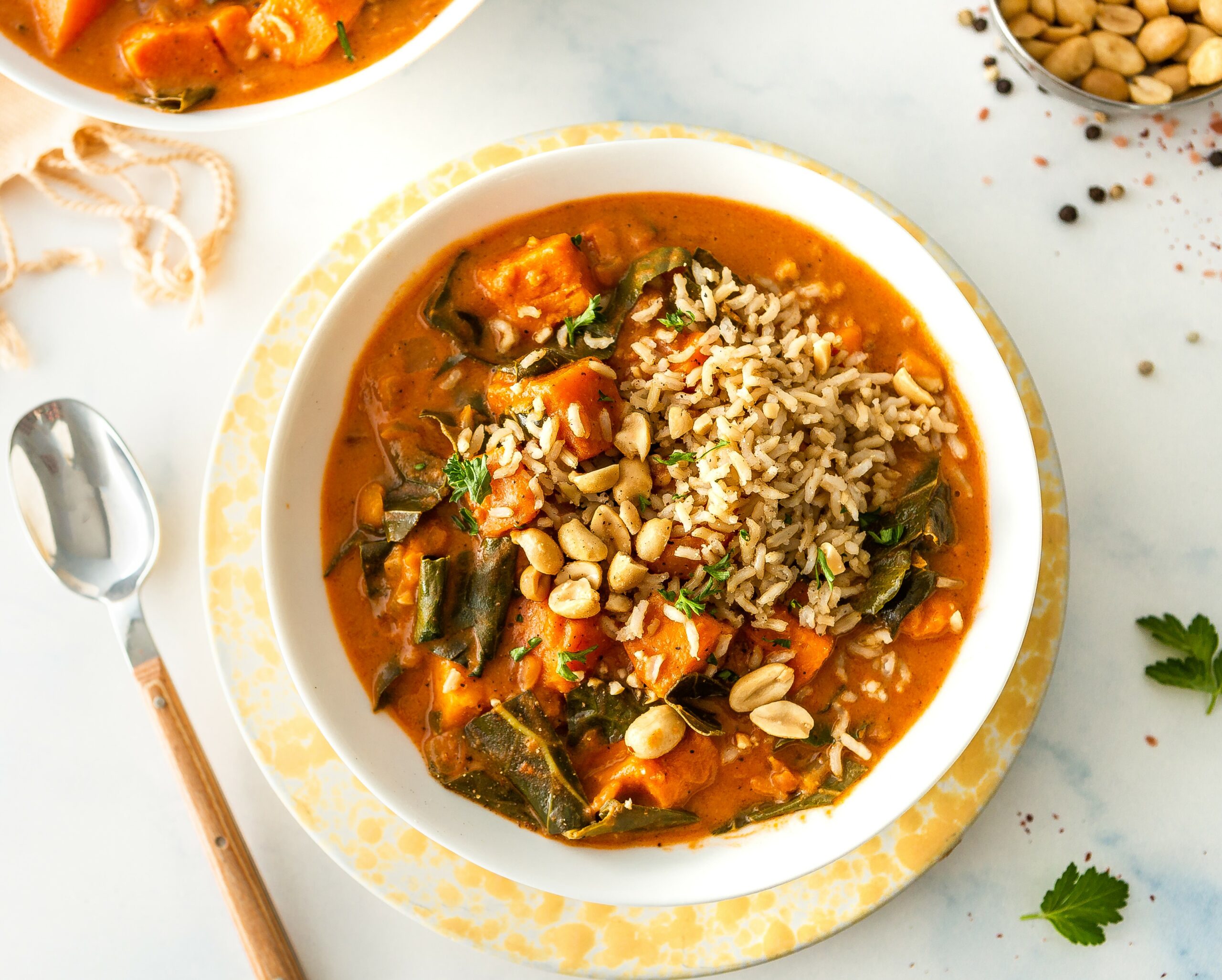 Vegetarian West African Peanut Soup with Spinach