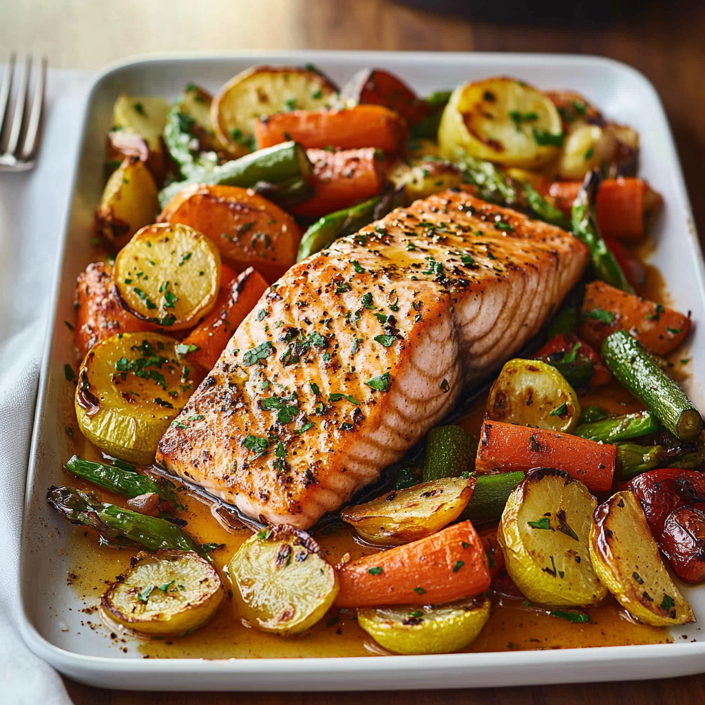 Turmeric-Glazed Salmon with Lemon-Dill Roasted Veggies