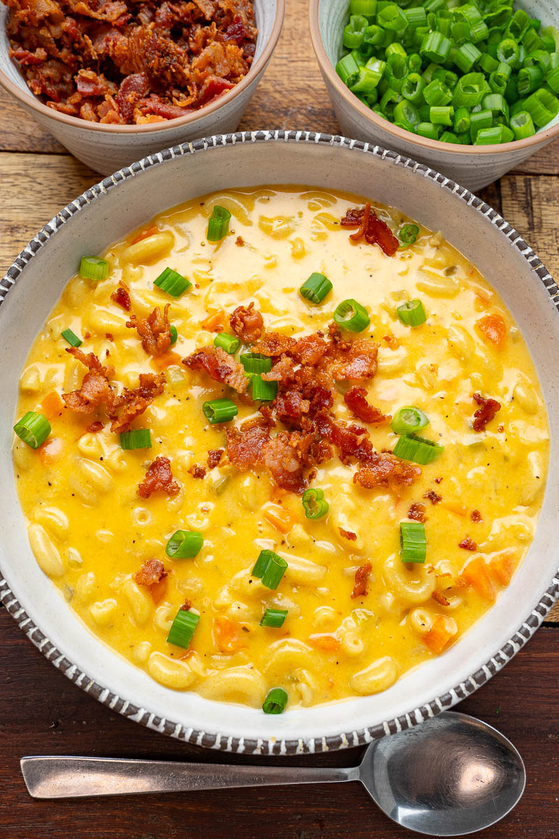 American Mac and Cheese Soup with Italian Broth and Parmesan