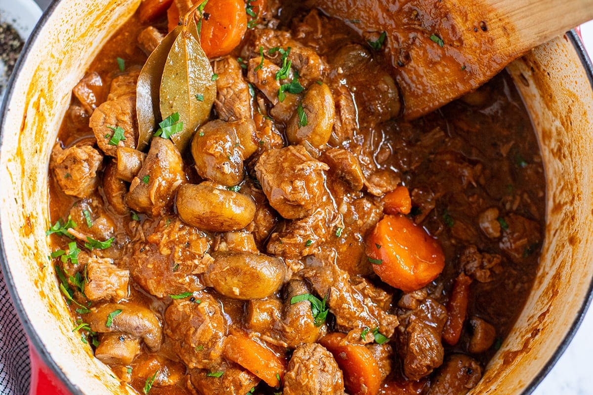 Slow-Simmered Beef & Mushroom Stew with Crisp-Topped Potatoes