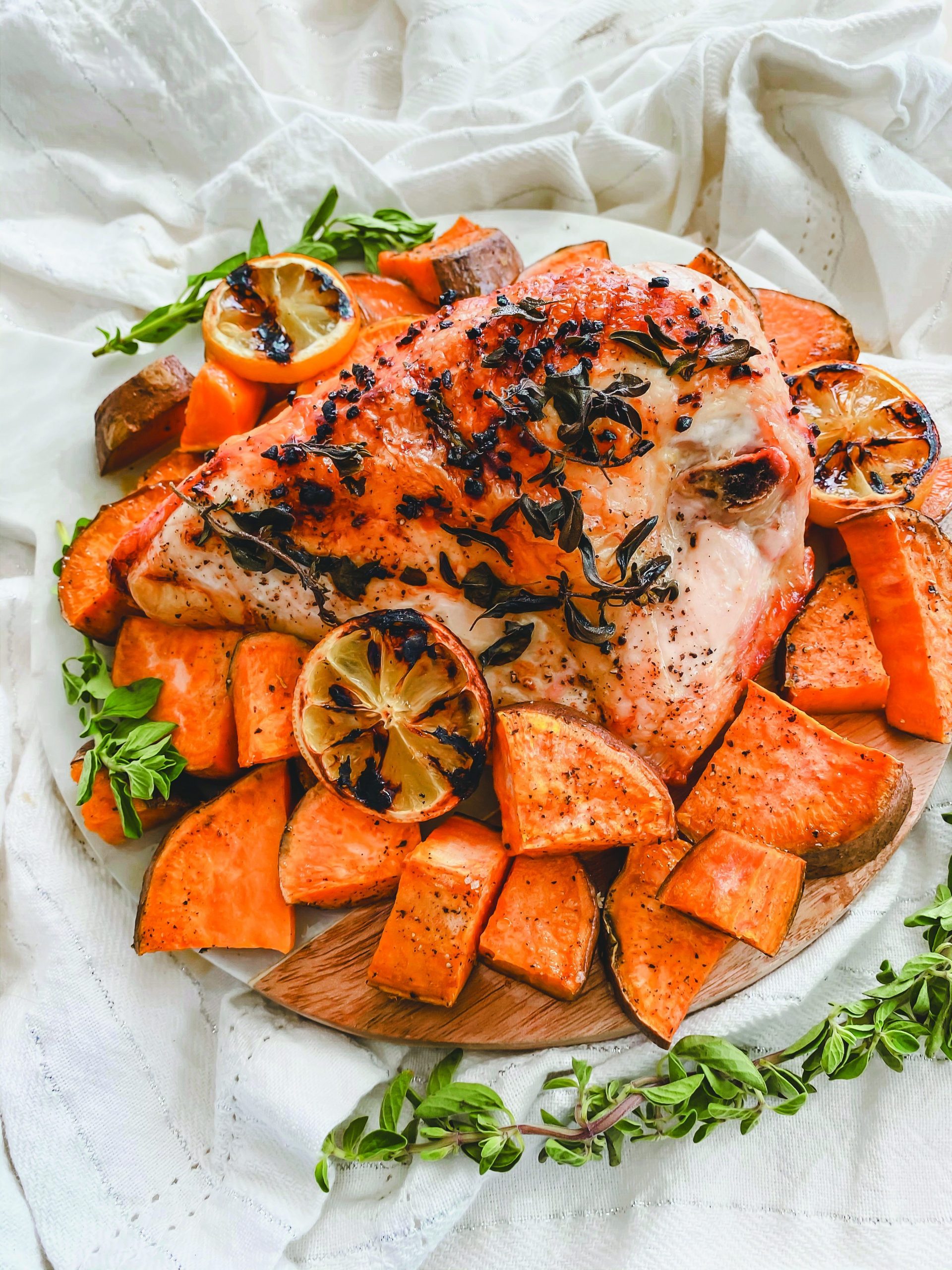 Crisp Ginger-Citrus Chicken with Roasted Sweet Potatoes