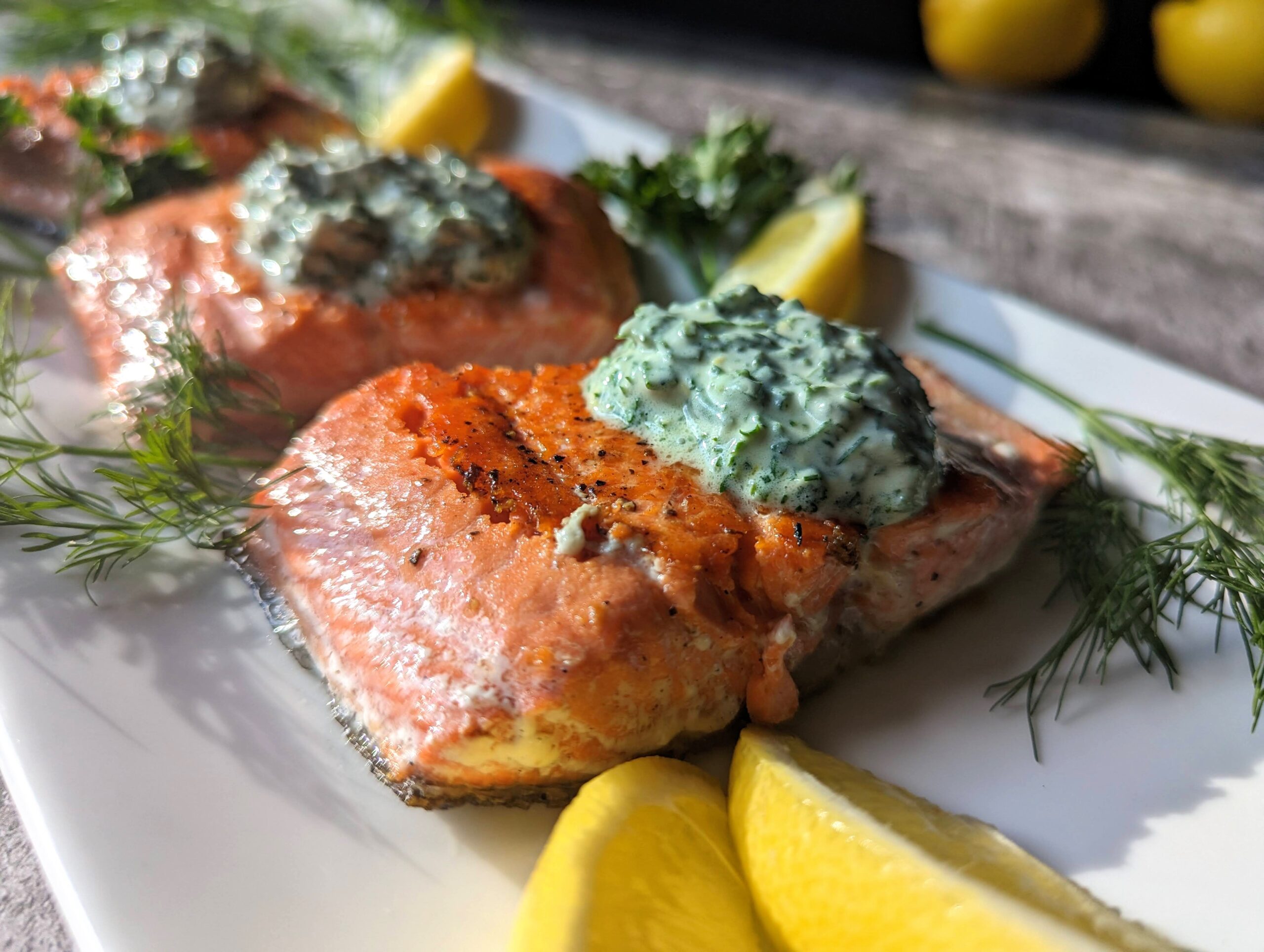 Wild Blueberry-Crusted Salmon with Foraged Herb Butter