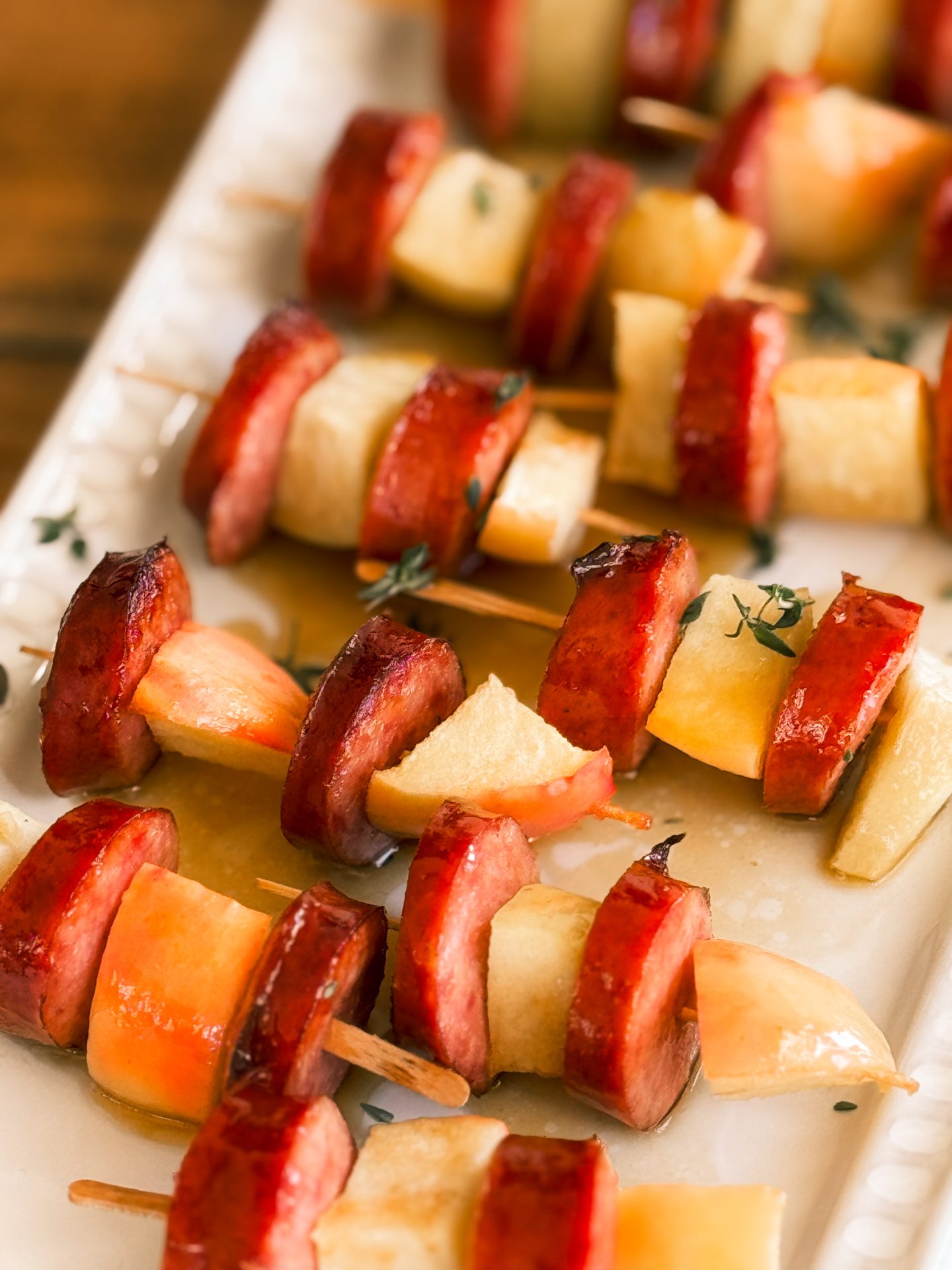 Smoked Sausage and Apple Skewers with Caramelized Onion Glaze