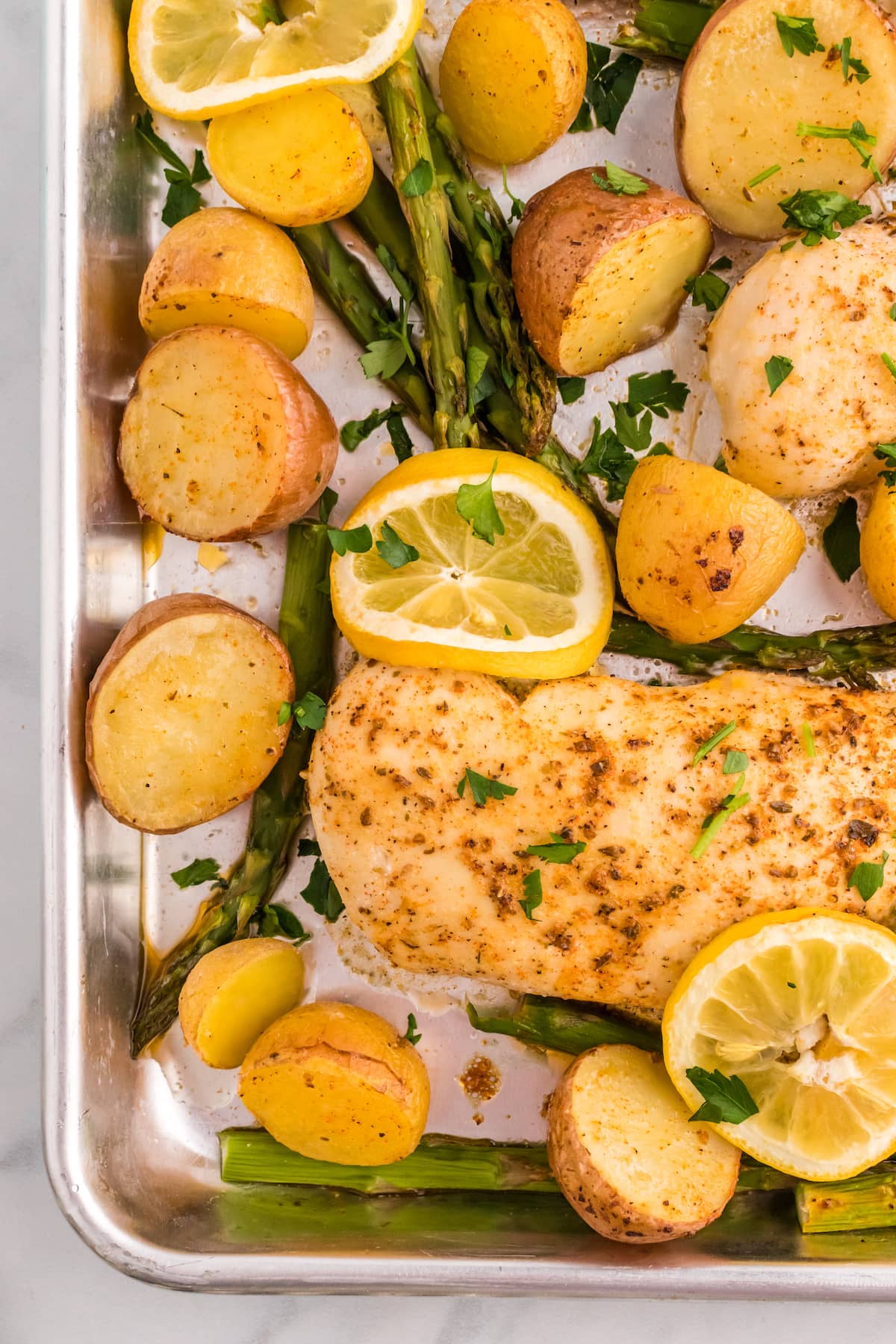 Lemon-Garlic Chicken with Roasted Sweet Potatoes and Asparagus