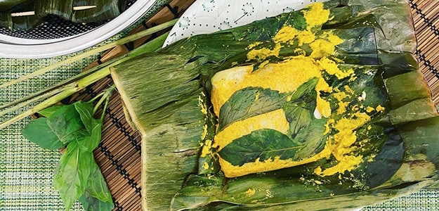 River Delta Rice and Hilsa Fish Steamed in Banana Leaves