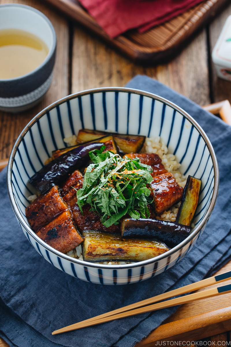 Miso-Glazed Eggplant Donburi with Sesame Rice
