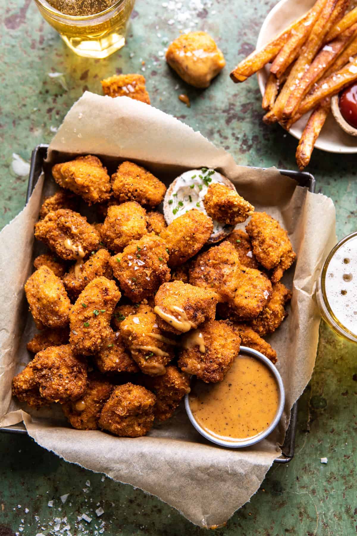 Cheesy Popcorn Chicken Bites with Honey-Mustard Dip