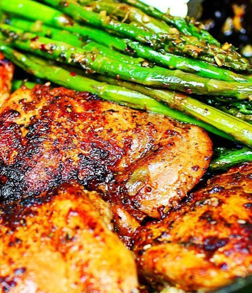 Herb-Infused Garlic Butter Chicken with Roasted Asparagus