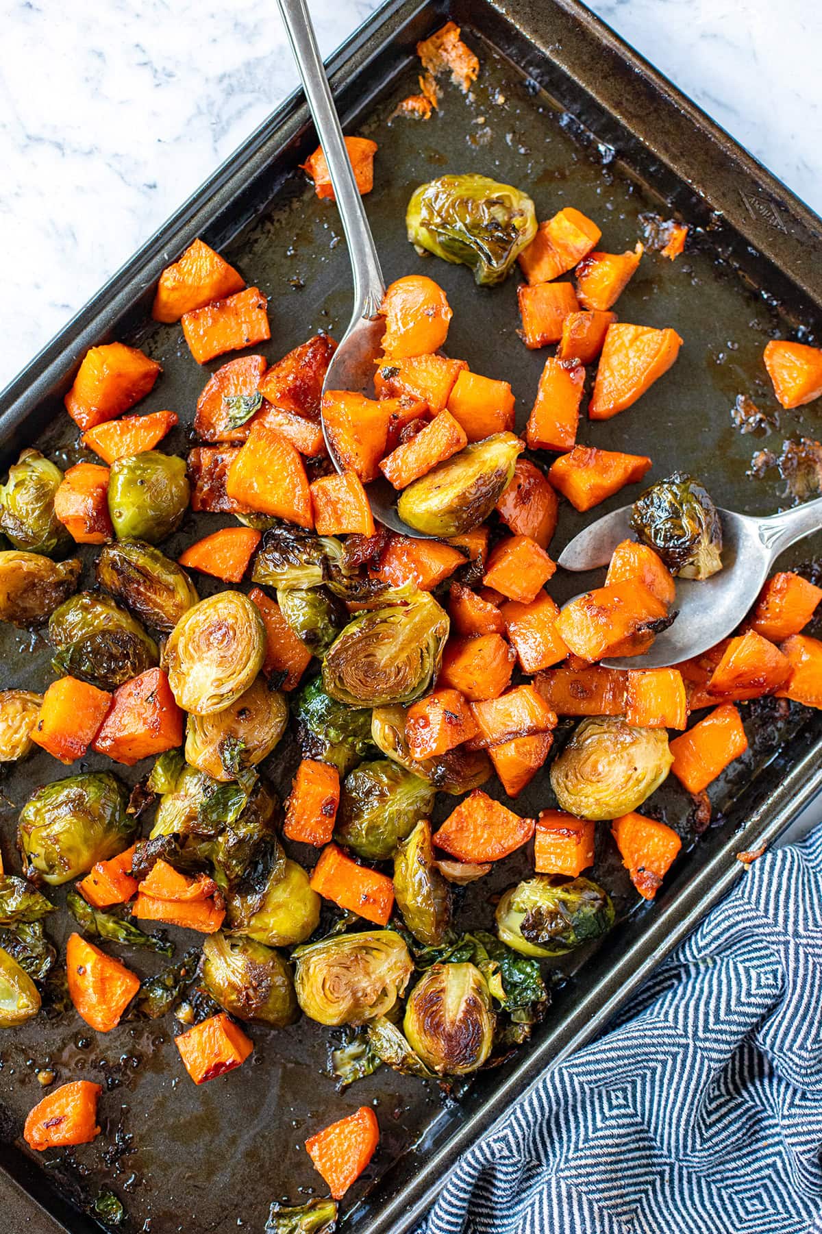 Sheet Pan Harissa-Roasted Sweet Potatoes and Brussels Sprouts