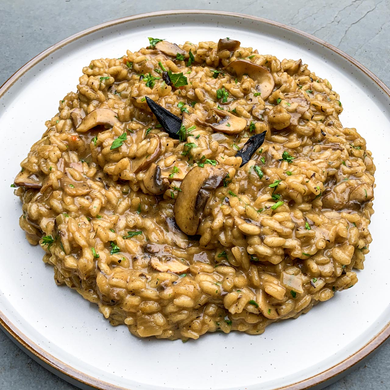 Black Garlic Wild Mushroom Risotto with Crispy Sage