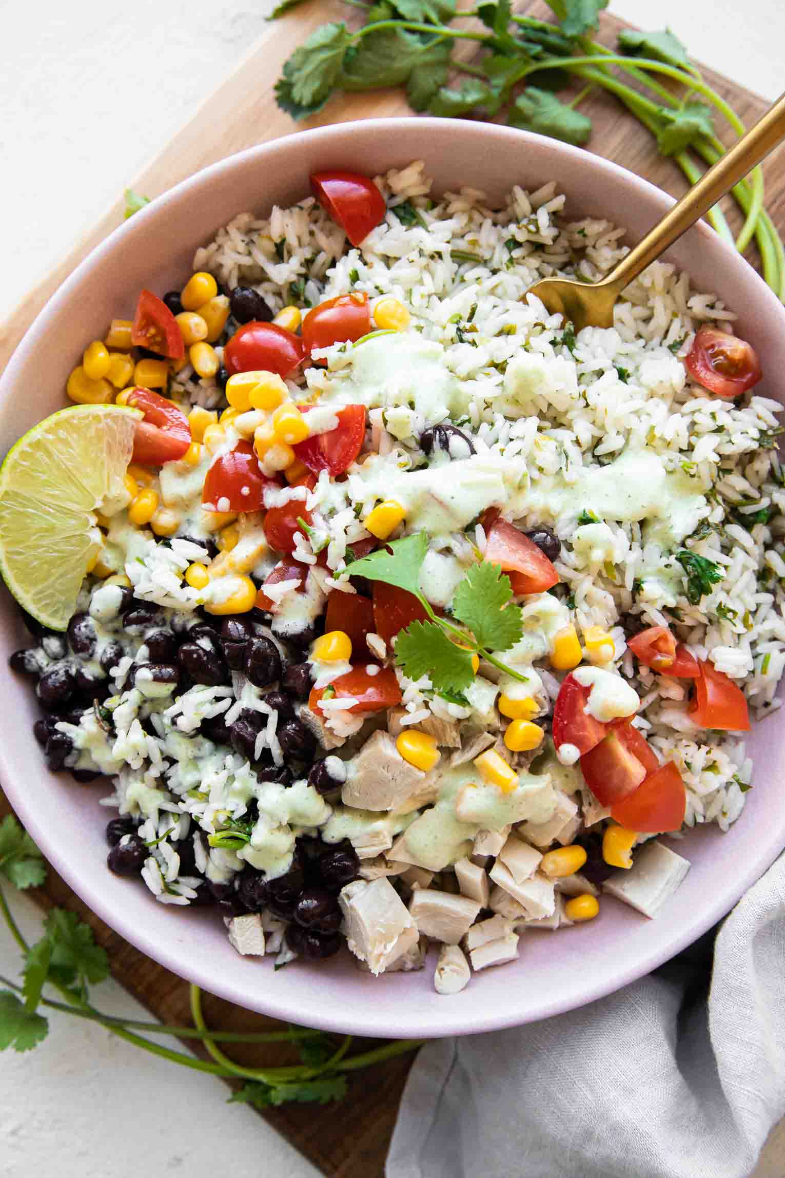 Three-Bean and Rice Bowl with Lime-Cilantro Dressing
