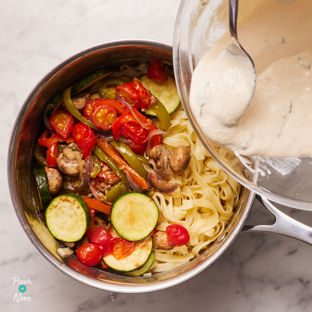 Roasted Vegetable Tagliatelle with Lemon-Garlic Sauce