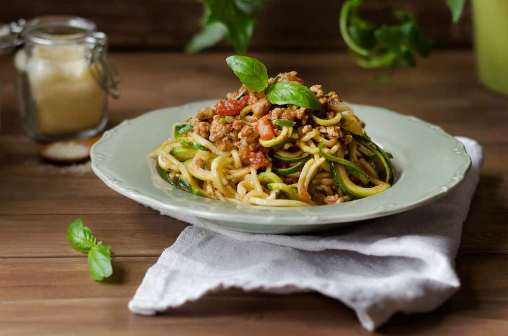 Sautéed Zucchini Noodles with Tomato Basil Meat Sauce
