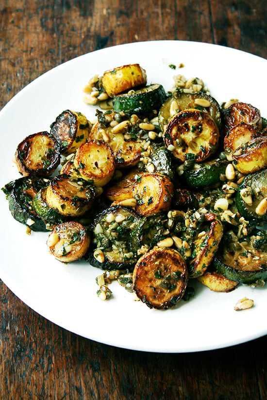Sautéed Zucchini and Bell Peppers with Garlic and Pine Nuts