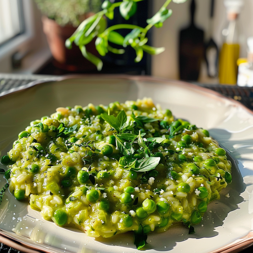 Spring Onion and Pea Risotto with Chive Oil