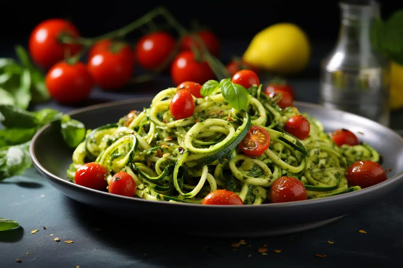 Sautéed Zucchini Noodles with Basil-Pesto and Cherry Tomatoes