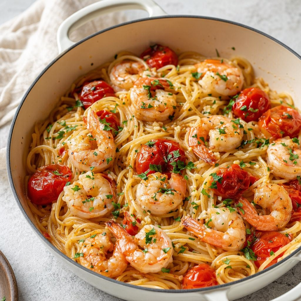 One-Pot Shrimp Pasta with Cherry Tomatoes and Garlic
