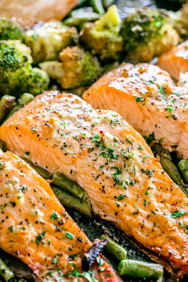 Sheet Pan Baked Salmon with Garlic Butter and Broccoli